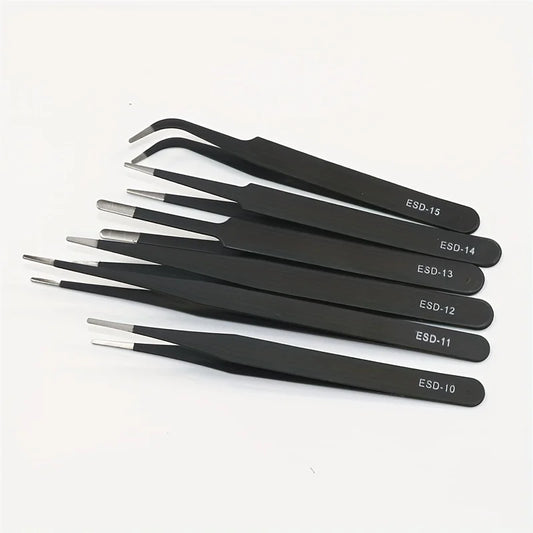 Precision ESD anti-static tweezers set -6-pc durable stainless steel tool for electronic repair and process modeling, bending&St